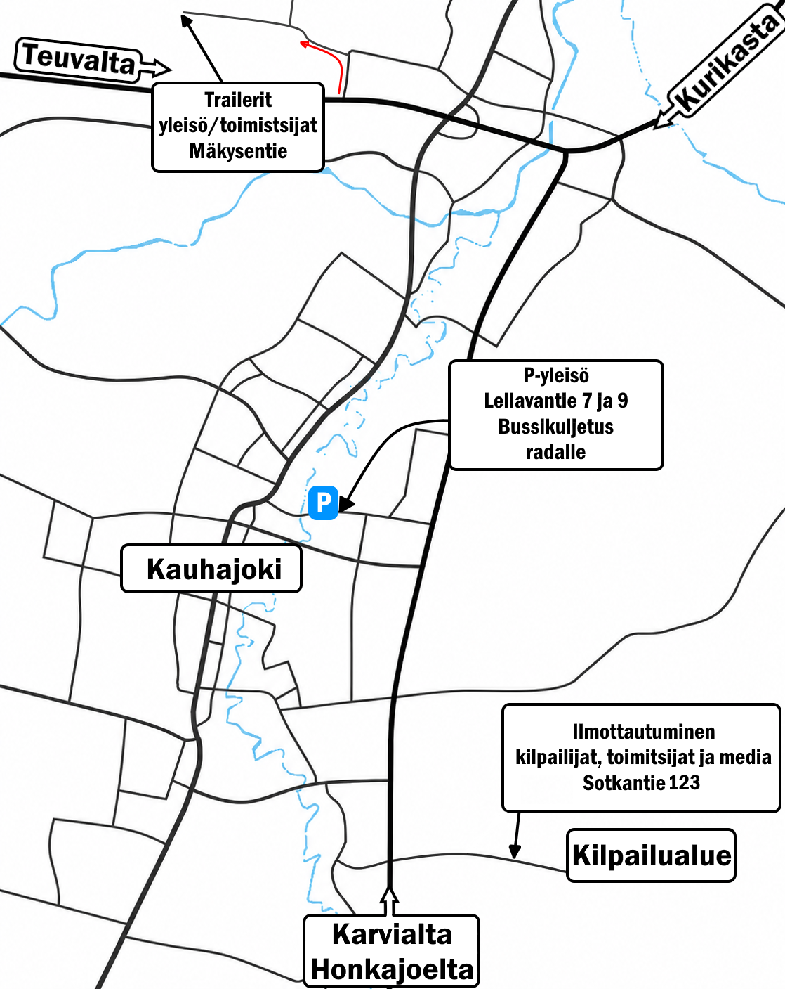 Saapuminen parkkipaikolle ja kisa-alueelle 